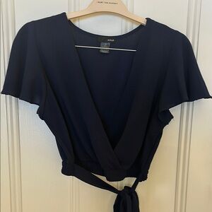 Blue Crop Wrap Top with Cap Sleeves and Tie Front